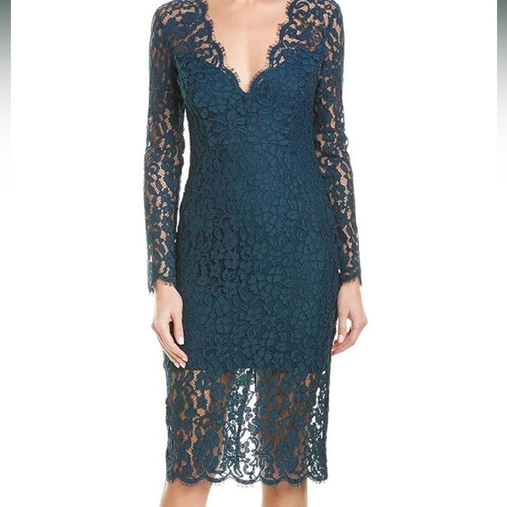 Bardot Teal Blue Midnight Lace Dress Midi Sheath Size 2